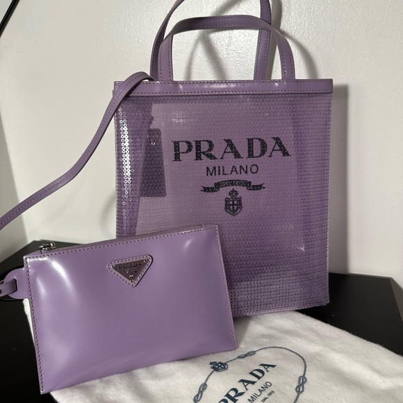 PRADA Logo Sequined Small Lily Tote Mesh Semi Transparent w Pouch Purple NWT NEW - Picture 3 of 7